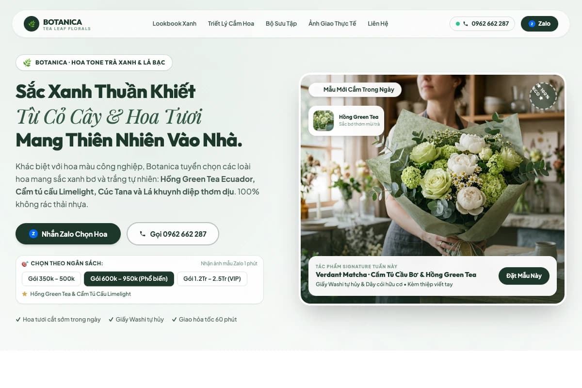 Giao diện website Botanica Atelier — Xanh sage & Thanh lịch