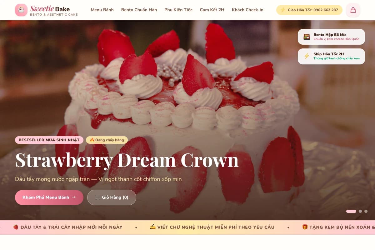 Giao diện website Sweetie Bake — Bento Cake & Ngọt ngào